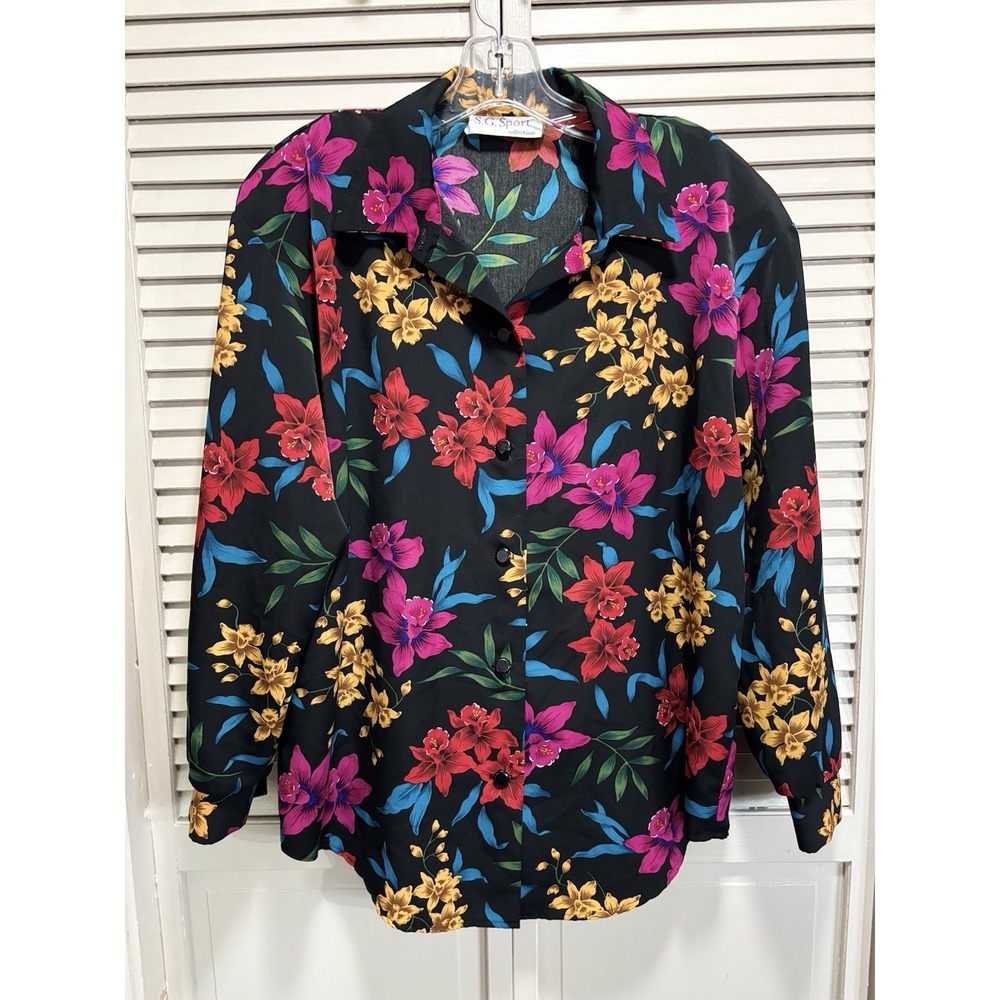 Vintage Colorful Floral S.G. Sport Chiffon Long Sleeve Button Up Blouse Size XL
